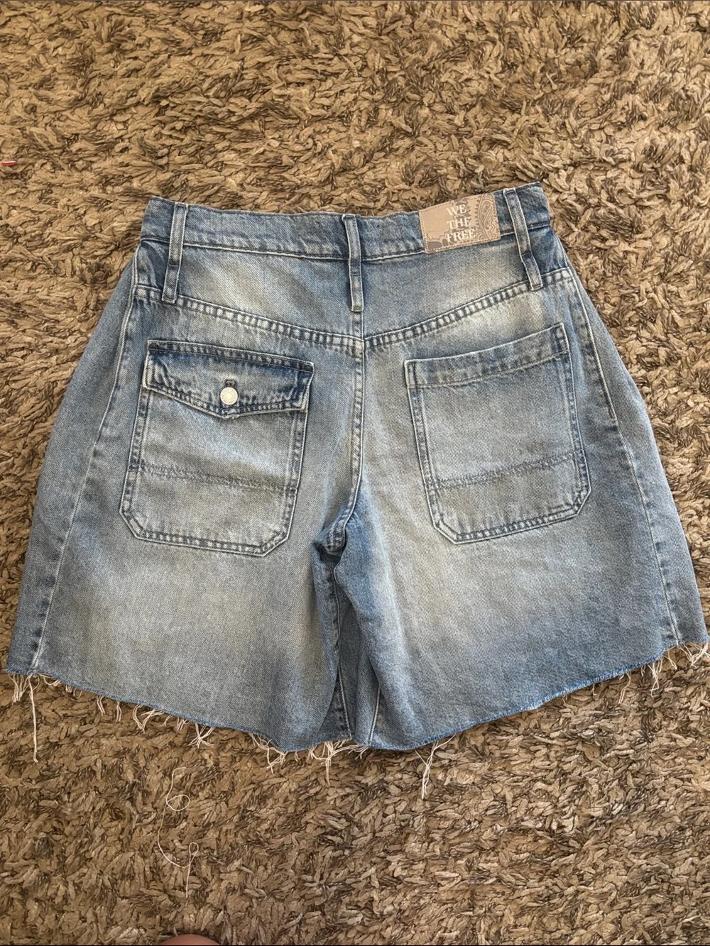 We The Free Boomerang High Rise Long Short Light Wash Frayed Denim Cutoff Shorts